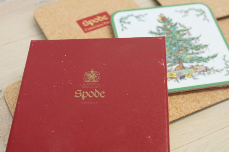 vintage set of Spode Christmas tree pattern cork backed coaster in original box 