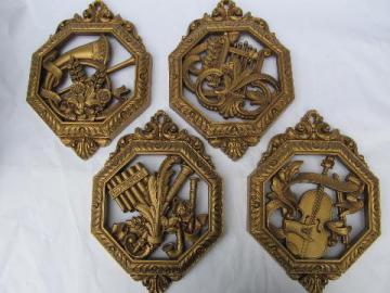 vintage set ornate gold wall plaques, antique musical instruments