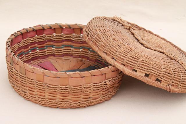 vintage sewing basket, natural color twisted rope texture rush woven reed basket