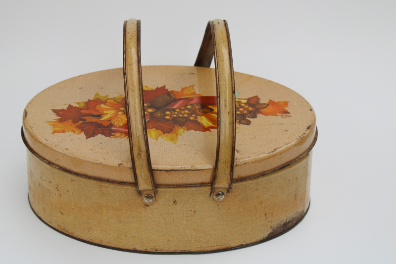 vintage sewing basket or lunch box tin w/ metal handles, fall colors print rustic decor
