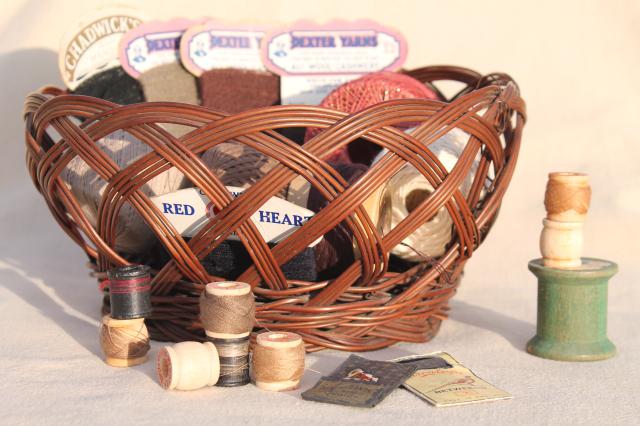 vintage sewing basket, paper cards of mending yarn, spools of darning cotton thread