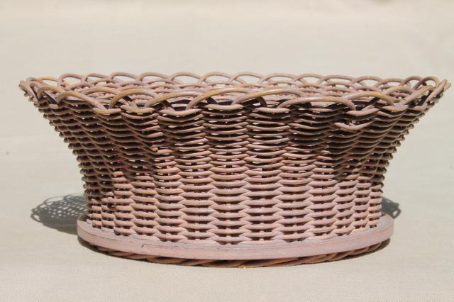 vintage sewing basket, pretty cottage style wicker basketweave bowl w/ shabby paint