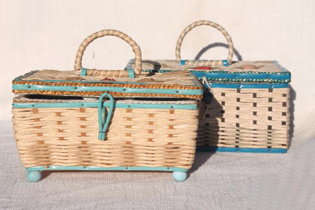 vintage sewing baskets, blue & white wicker weave sewing box lot, shabby chic