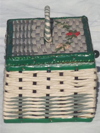vintage sewing box, 40s 50s cottage style green & white box basket