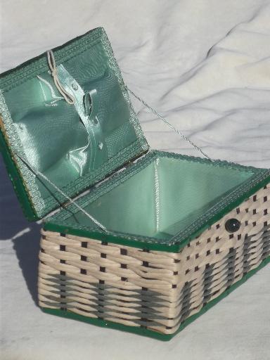 vintage sewing box, 40s 50s cottage style green & white box basket