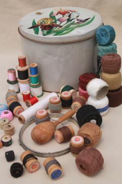 vintage sewing box, big old flowered tin of darning mending cotton thread & sock darner