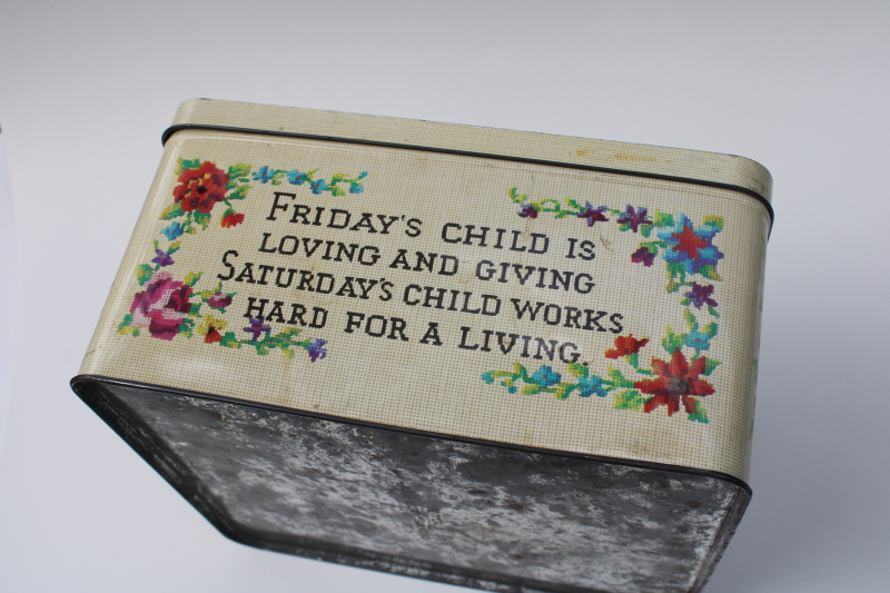 vintage sewing box tin, cross-stitch motto print old sayings Mondays child etc
