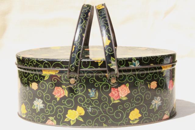vintage sewing box tin w/ handles, flowered chintz print tole sewing basket