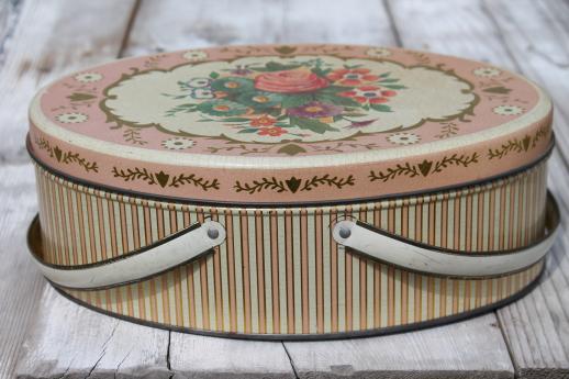 vintage sewing box tin, lovely old flowered tin oval basket w/ handles