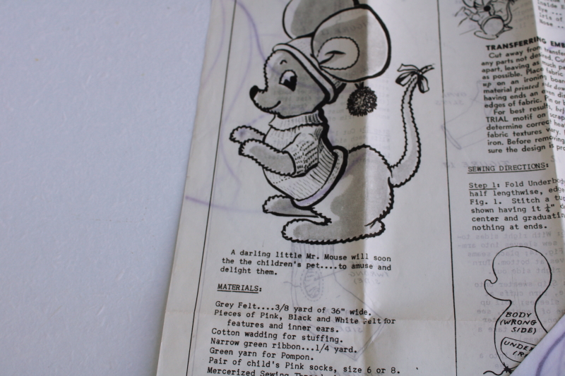 vintage sewing craft pattern iron on transfer, stuffed toy cartoon mouse dream pet style