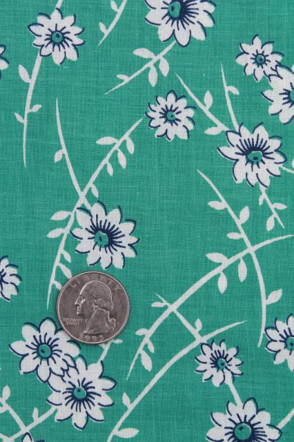 vintage sewing material, 36 wide cotton print fabric turquoise blue white floral