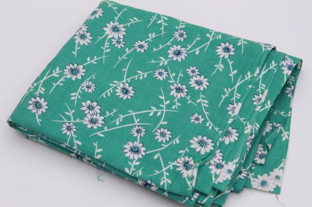 vintage sewing material, 36 wide cotton print fabric turquoise blue white floral