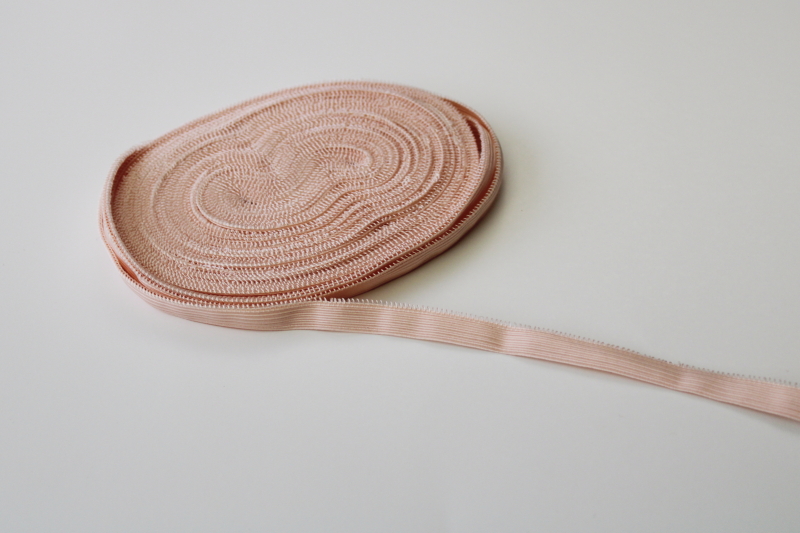 vintage sewing notions, blush pink elastic for lingerie trim, doll clothes etc