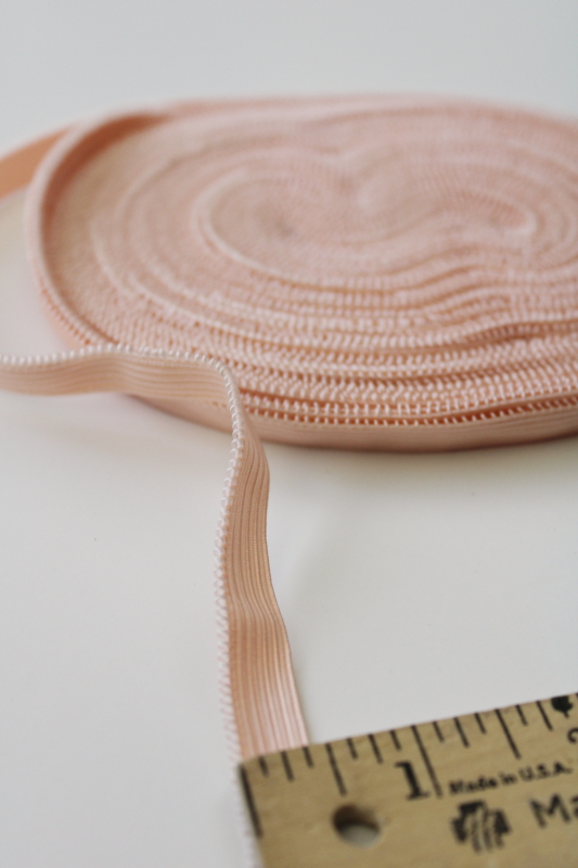 vintage sewing notions, blush pink elastic for lingerie trim, doll clothes etc