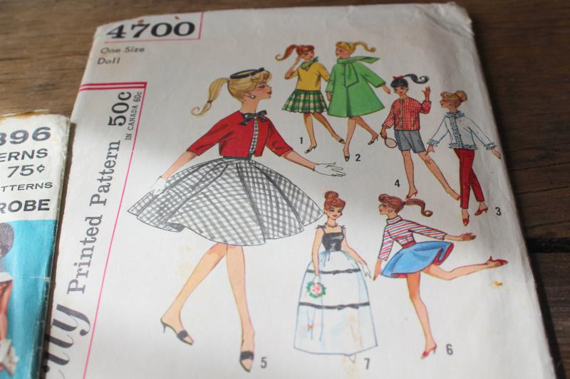 vintage sewing patterns lot, 60s 70s 80s 90s fashion doll clothes for Barbie, Skipper