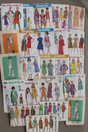 vintage sewing patterns lot, 60s 70s mod dresses & mini skirt dresses ...