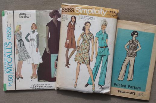 vintage sewing patterns lot, 70s retro fashions in plus sizes, pantsuits & dresses