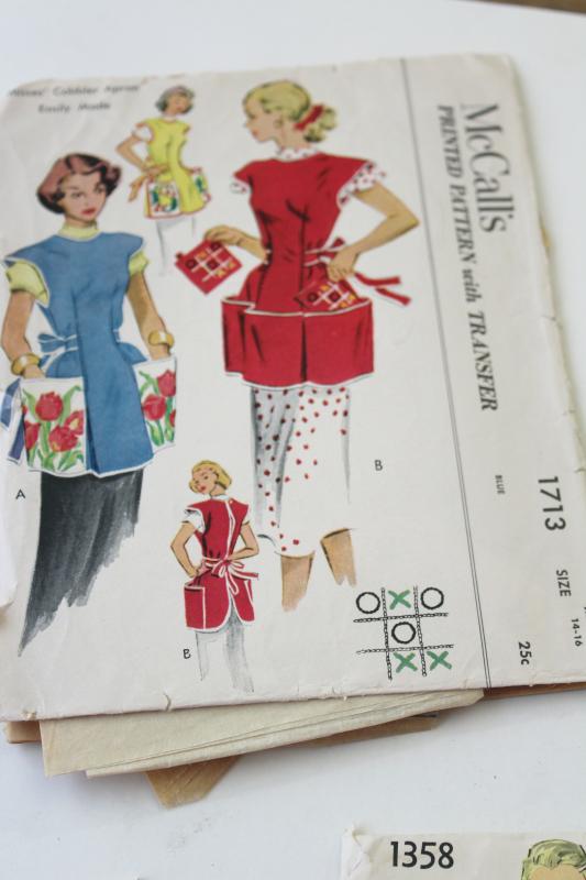 vintage sewing patterns lot, cute pinafore aprons & kitchen / craft smocks