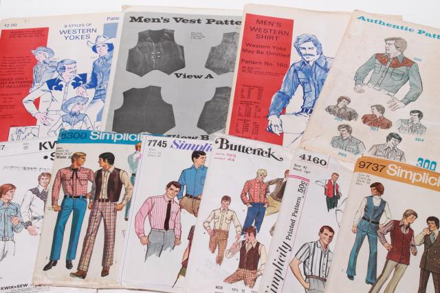 vintage sewing patterns, retro 70s cowboy western style men's shirts & vests