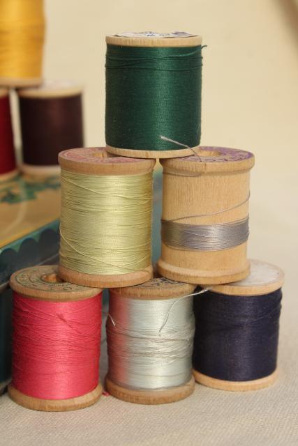 vintage sewing thread on wood spool reels, pure silk & Sylko type mercerized cotton