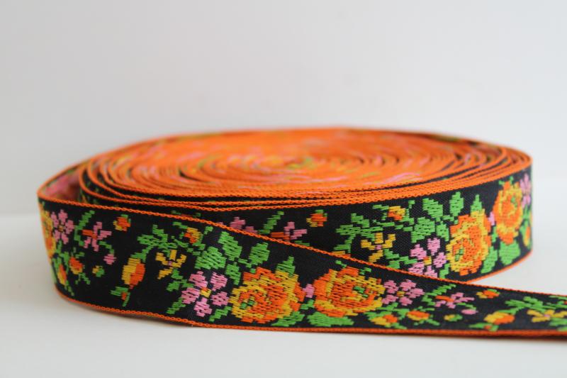 vintage sewing trim, embroidered cotton braid tapestry floral brights on black