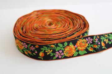 vintage sewing trim, embroidered cotton braid tapestry floral brights on black