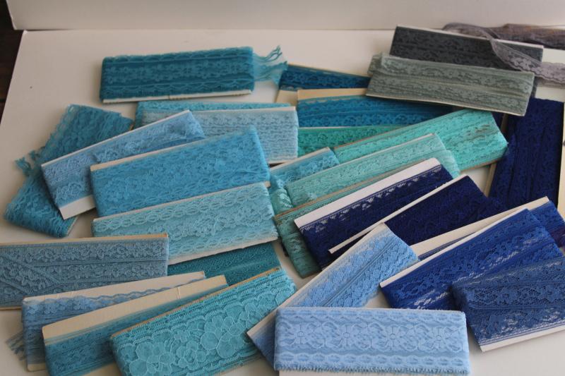 vintage sewing trim, lace seam tape binding & flat insertion - aqua, navy, blue, purple