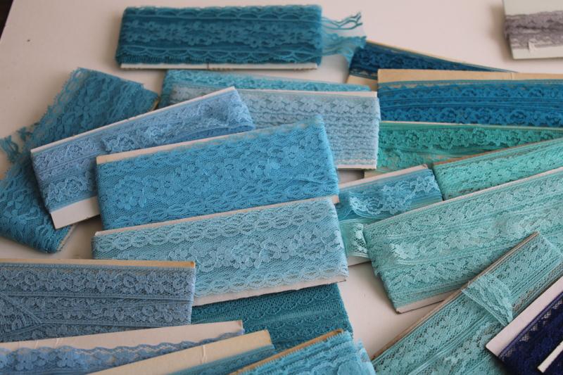 vintage sewing trim, lace seam tape binding & flat insertion - aqua, navy, blue, purple