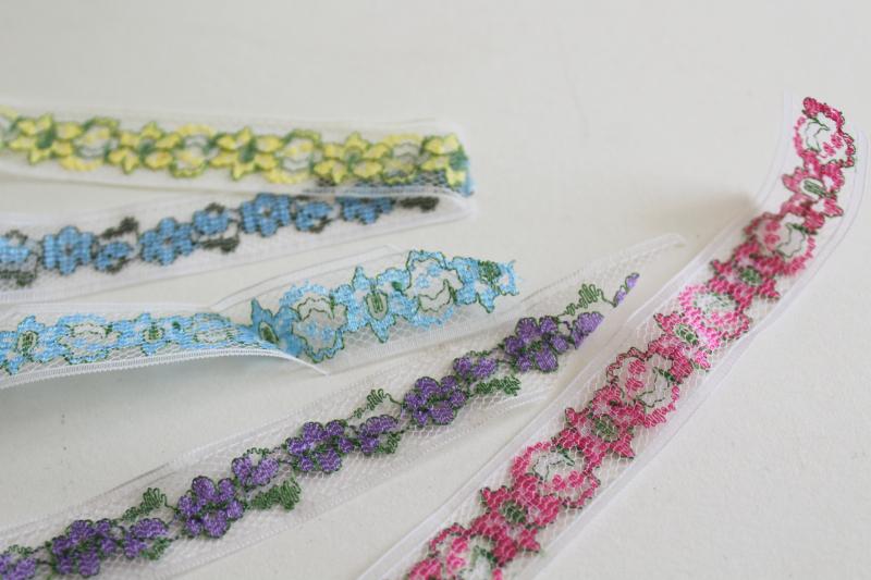 vintage sewing trim, lace seam tape binding & flat insertion w/ flowers in different colors
