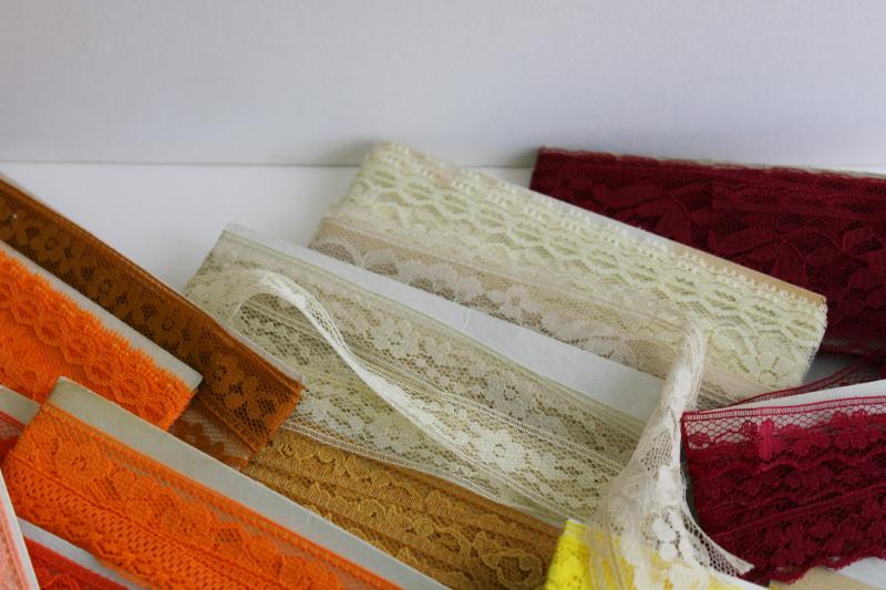 vintage sewing trim, lace seam tape binding & flat insertion - pink, orange, wine, red, gold