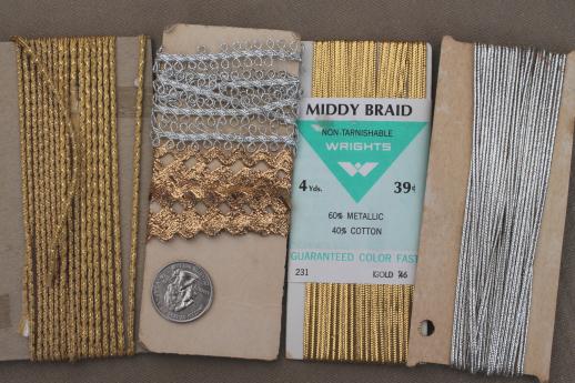 vintage sewing trim lot, gold & silver metallic rick-rack, red & blue uniform braid