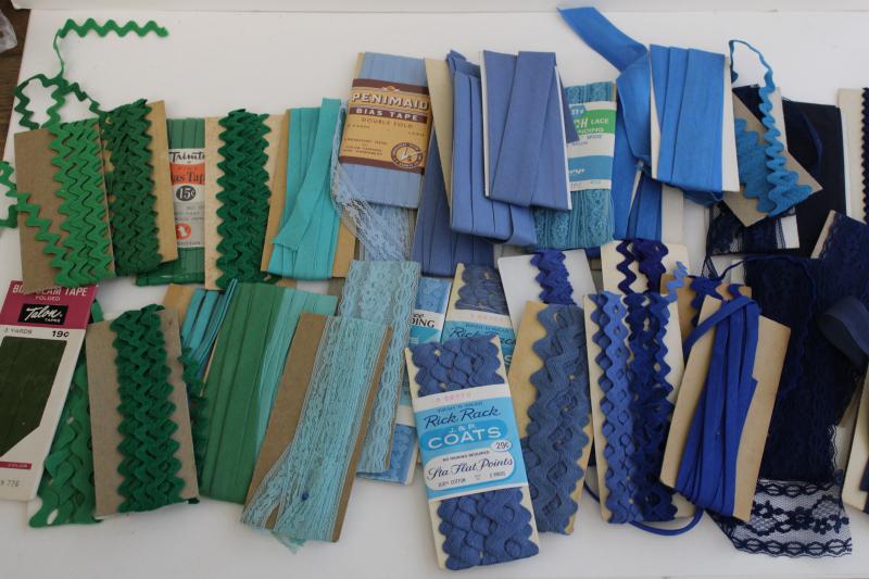 vintage sewing trim lot, lace, rickrack & cotton seam tape binding - blue, aqua, green