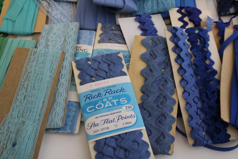 vintage sewing trim lot, lace, rickrack & cotton seam tape binding - blue, aqua, green