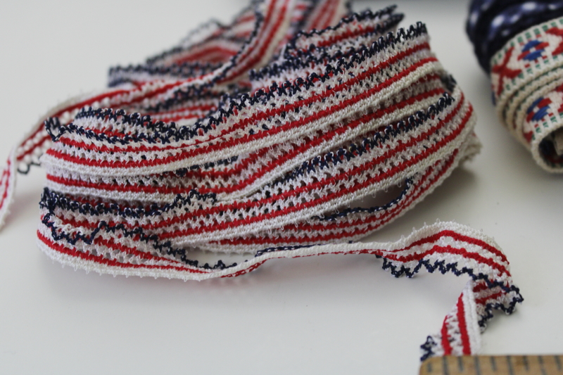 vintage sewing trim lot red white and blue, wide cotton braid, rick rack, edgings