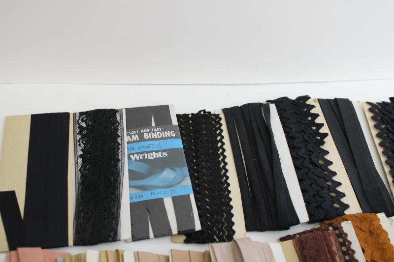 vintage sewing trim lot, rickrack & cotton seam tape binding neutral colors, tan, black