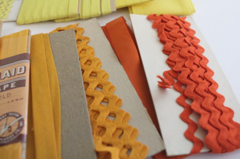 vintage sewing trim lot, rickrack & cotton seam tape binding - orange & yellow