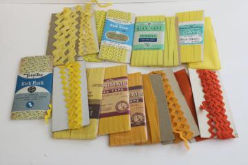 vintage sewing trim lot, rickrack & cotton seam tape binding - orange & yellow