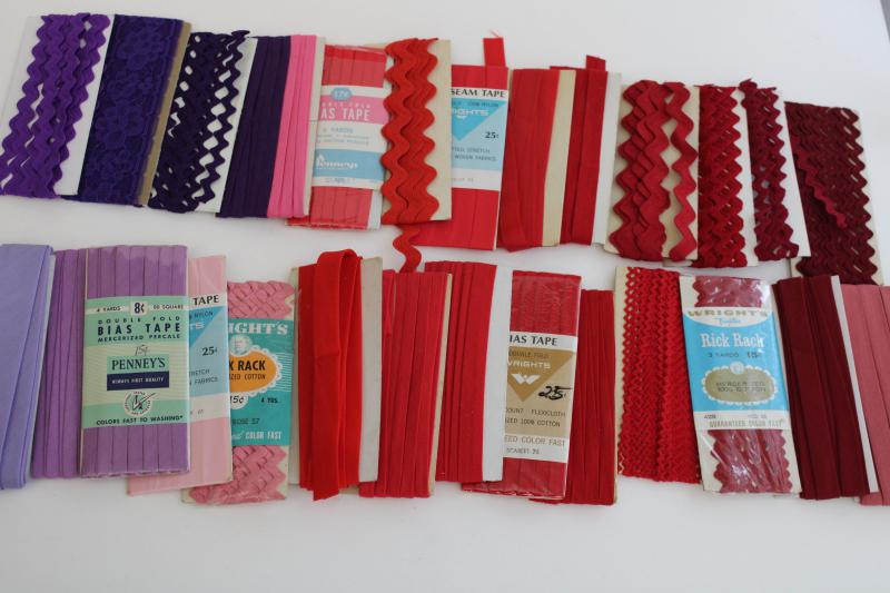 vintage sewing trim lot, rickrack & cotton seam tape binding - red, pink, purple