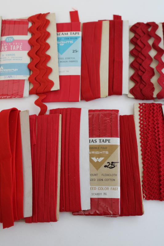 vintage sewing trim lot, rickrack & cotton seam tape binding - red, pink, purple