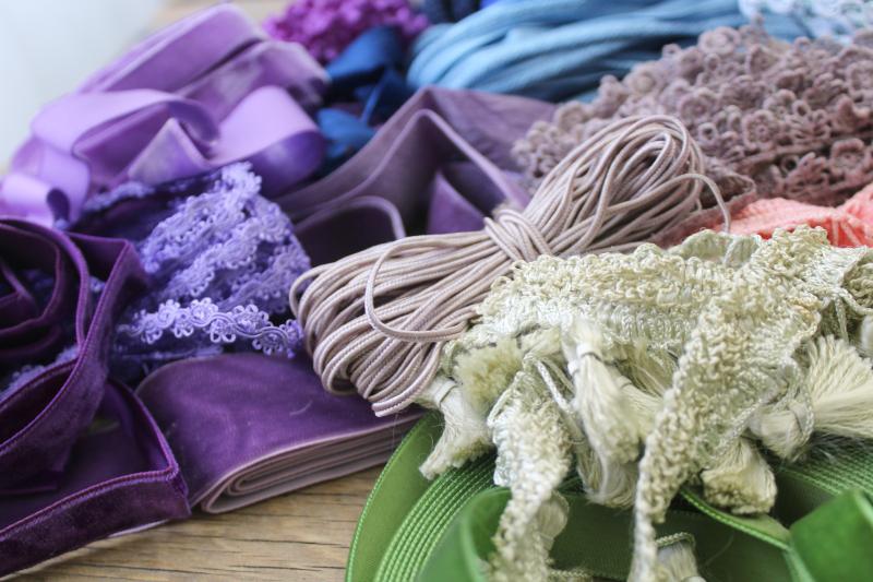 vintage sewing trim lot, tassels fringe, braid, velvet ribbons, flower sprays
