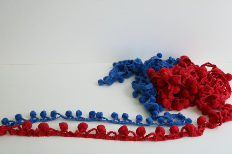 vintage sewing trim popcorn ball pompoms tassel fringe in red & blue, patriotic decor garland