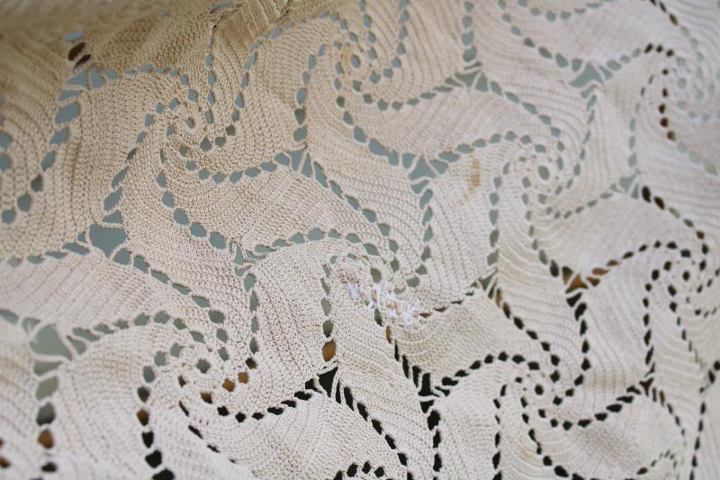 vintage shabby cottage chic crochet lace tablecloth, pinwheel pattern square