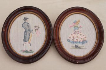 vintage shabby cottage chic framed needlepoint pictures, boy & girl in oval wood frames