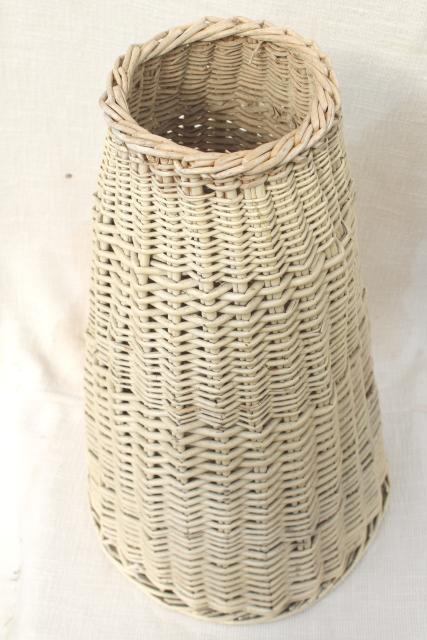 vintage shabby white wicker fern stand, jardiniere w/ large rattan plant basket