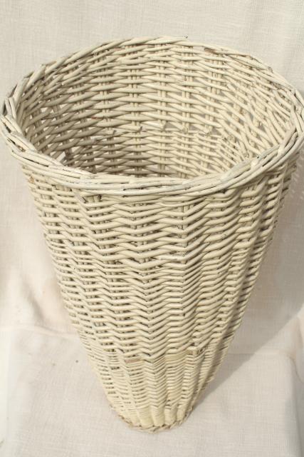 vintage shabby white wicker fern stand, jardiniere w/ large rattan plant basket