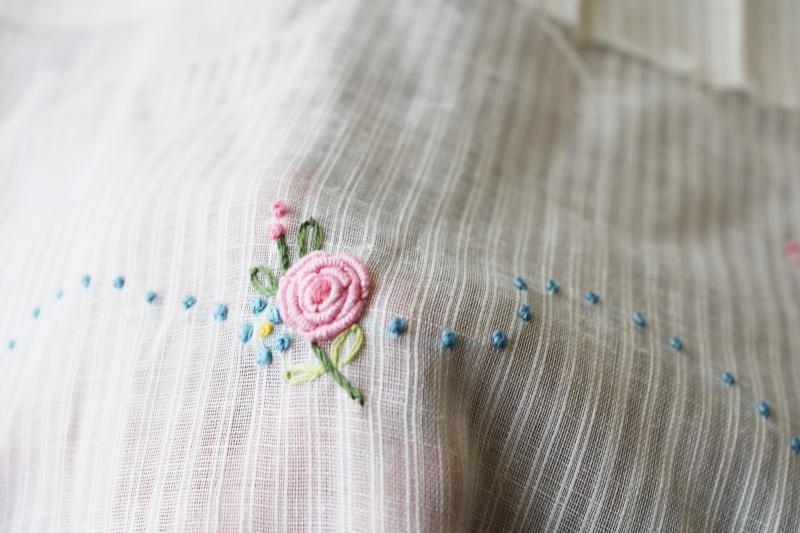 vintage sheer cotton dimity w/ hand stitched embroidery, unused linens upcycle project fabric