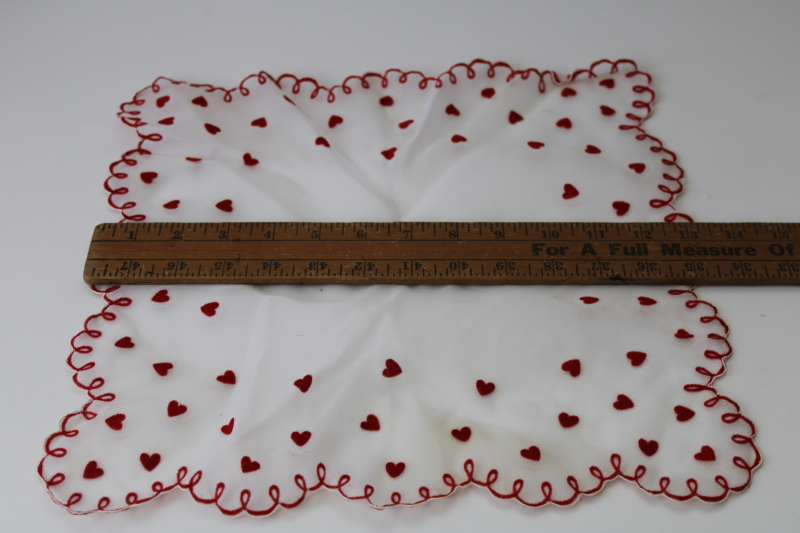 vintage sheer nylon chiffon handkerchief Valentine red flocked hearts, 1950s rockabilly hanky