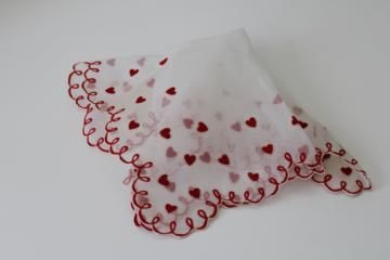 vintage sheer nylon chiffon handkerchief Valentine red flocked hearts, 1950s rockabilly hanky