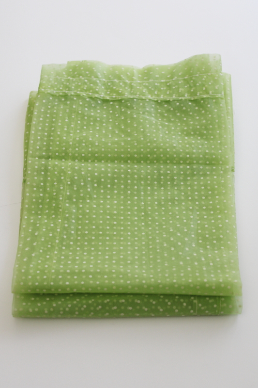 vintage sheer nylon curtains, lime green w/ flocked dots dotted swiss style