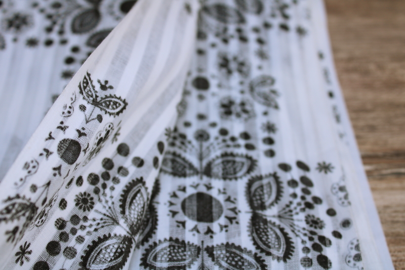 vintage sheer striped cotton voile fabric, deco style floral print black on white
